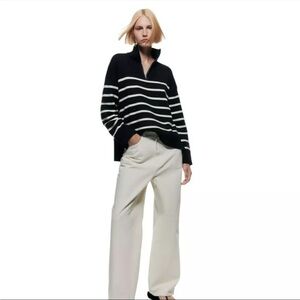 ZARA STRIPED SWEATER WITH ZIP BLACK / WHITE SIZE XS | 3519/125